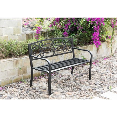 Gardenised Steel Outdoor Patio Garden Park Seating Bench with Cast Iron Scrollwork Backrest, Front Porch Yard Bench Lawn Decor QI003772